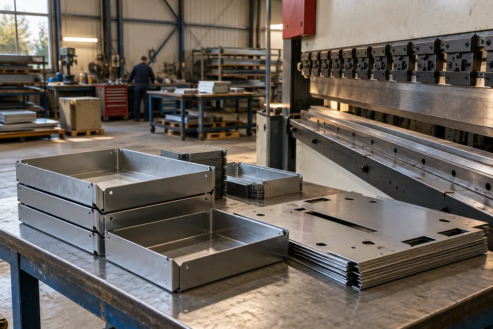 Folded sheet metal trays beside a press brake
