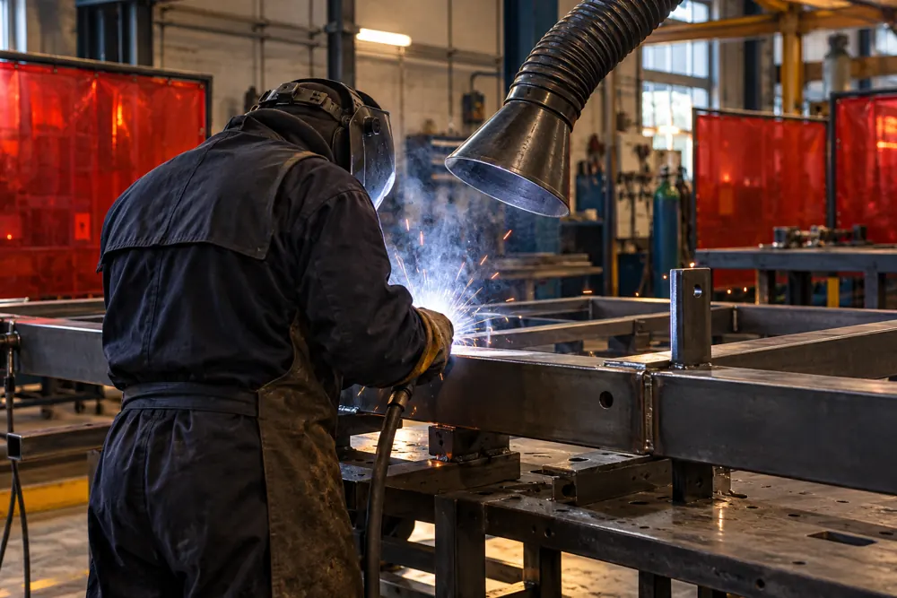 Protected welder working on a steel frame with local fume extraction